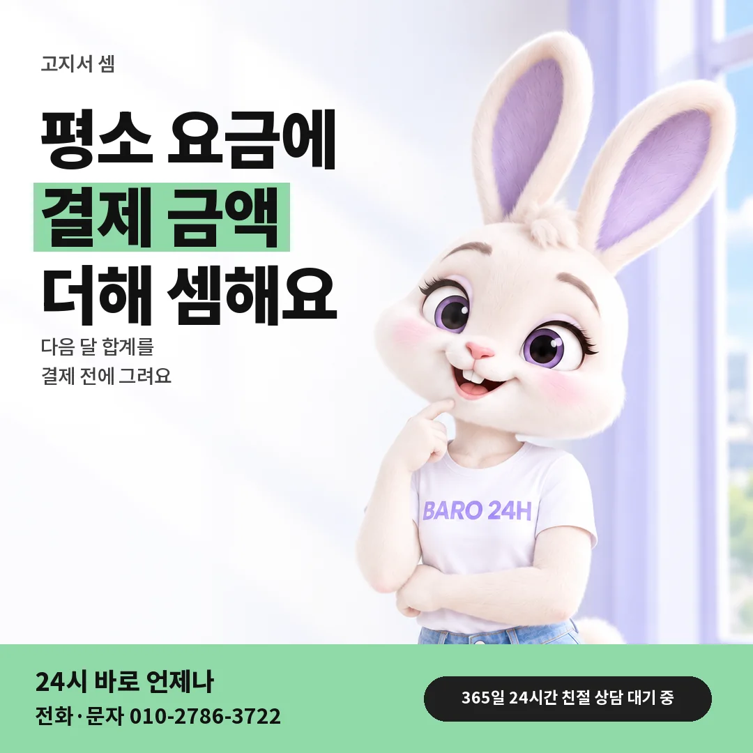 BARO 24H 티셔츠를 입은 3D 토끼 캐릭터 옆에 「다음 달 고지서 셈」 제목을 얹은 안내 카드